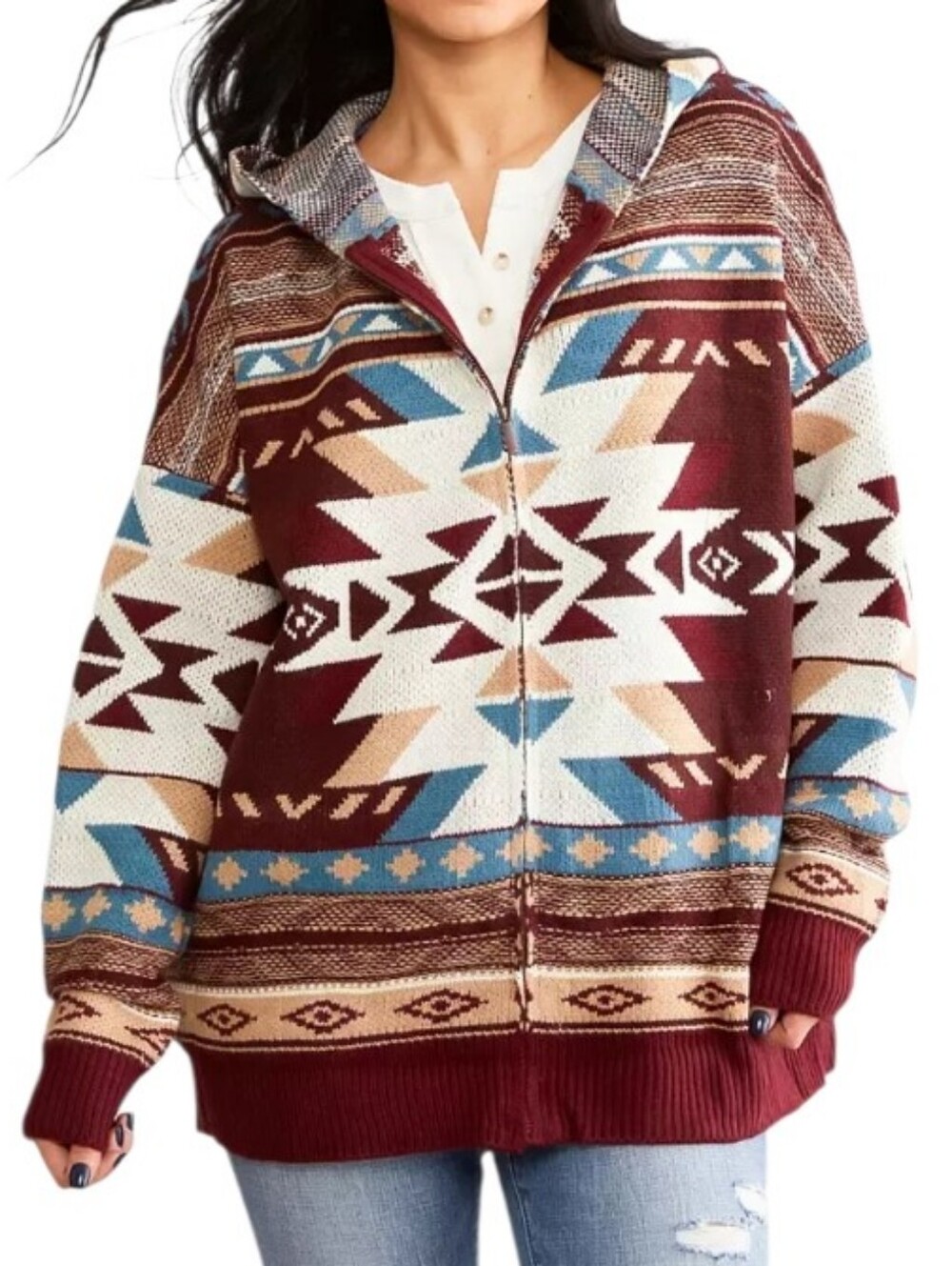 Wrangler Retro Southwestern Zip Front Cardigan Hooded Oversized Sweater